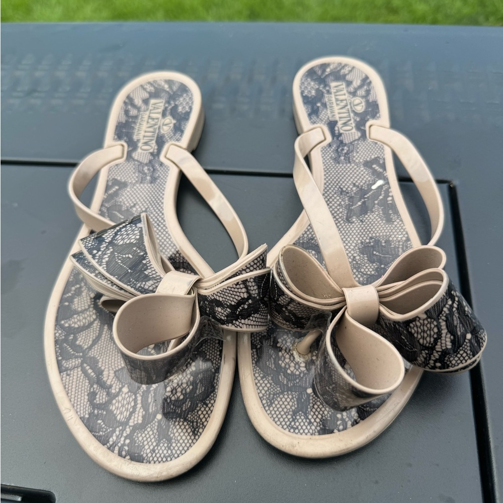 Valentino Lace Bow Sandals in Beige and Black